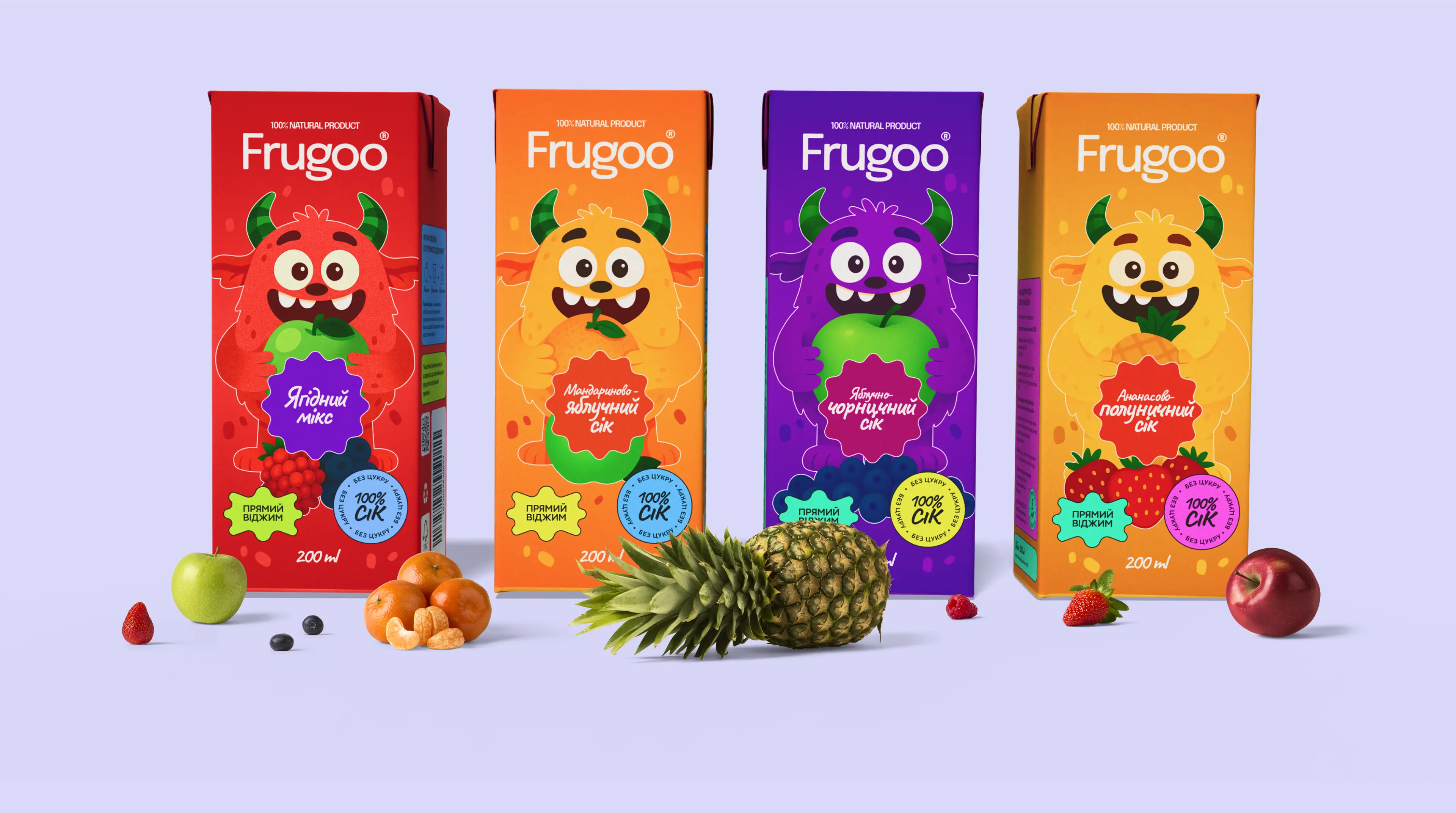 Лінійка соків Frugoo® з різними смаками та яскравими персонажами на пакуванні.