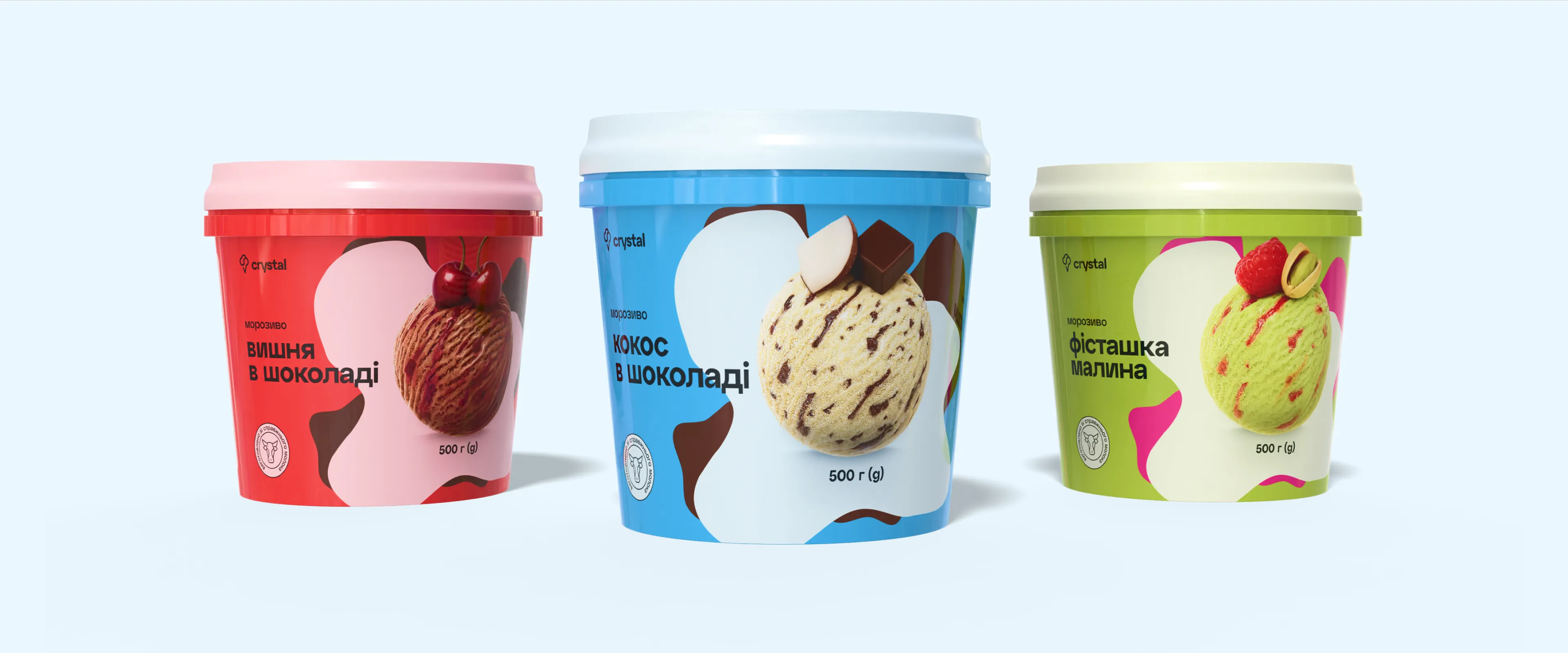 Ice-Cream Crystal – дизайн упаковки: вишня в шоколаді, кокос в шоколаді, фісташка-малина
