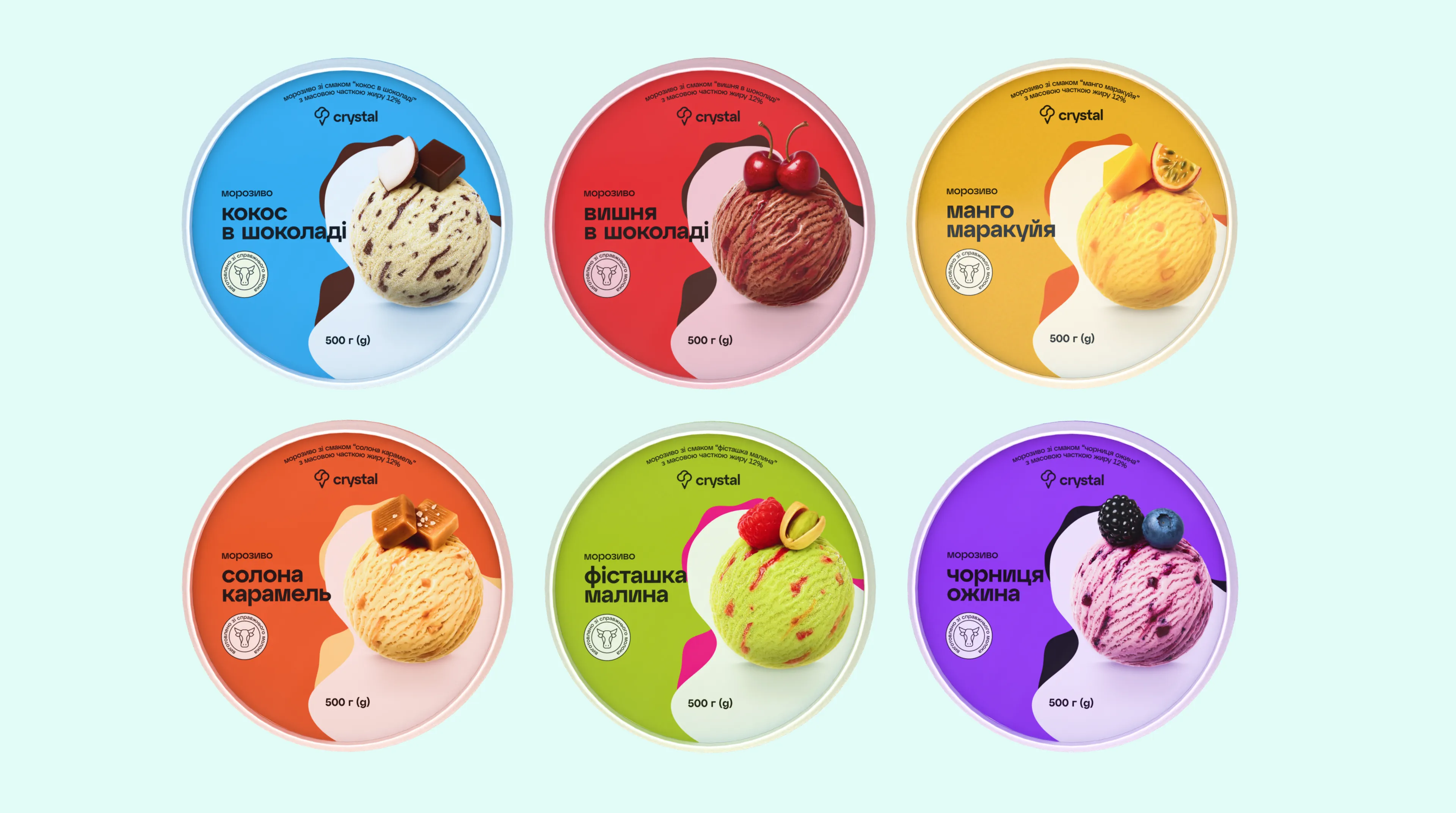 Ice-Cream Crystal – вид зверху: кокос в шоколаді, вишня в шоколаді, манго-маракуйя, солона карамель, фісташка малина, чорниця-ожина