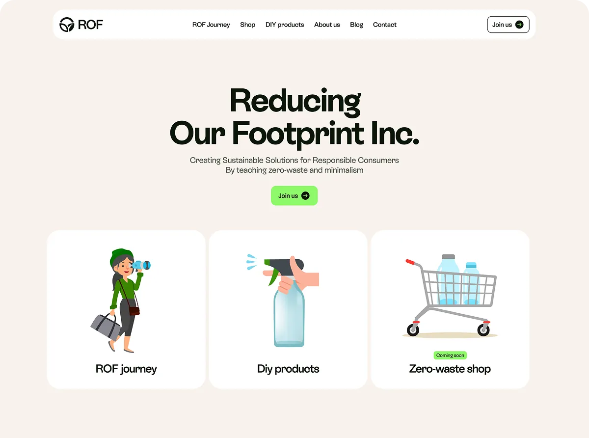 Секція Reducing Our Footprint із категоріями: екологічний шлях, DIY-продукти, zero-waste магазин