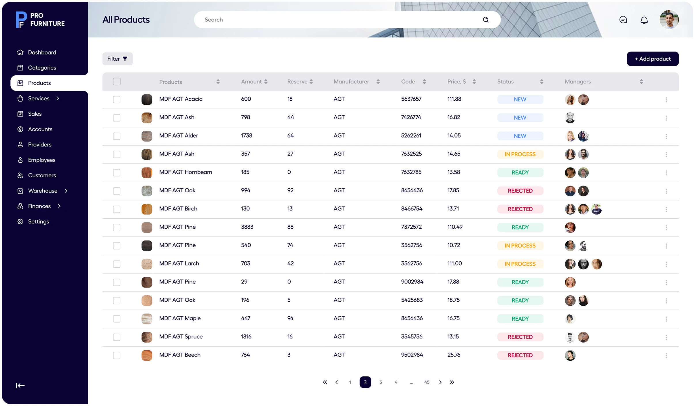 розробка crm/erp-систем для меблевого виробництва pro-furniture - сторінка products - фільтрація пошуку