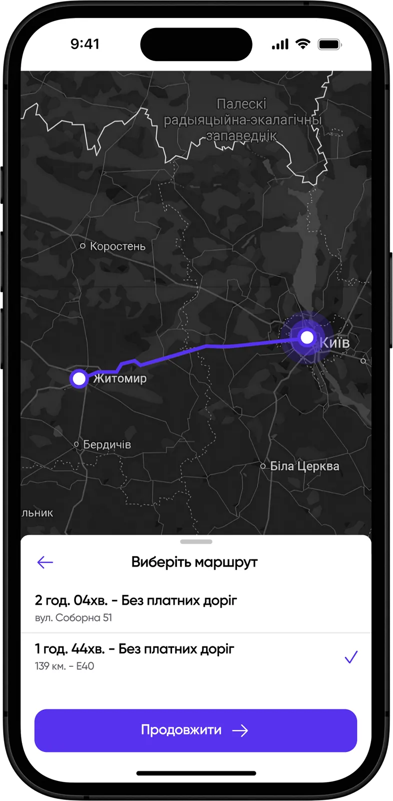 Екран інтерактивної карти - вибір маршруту на мапі, інформація про маршрути