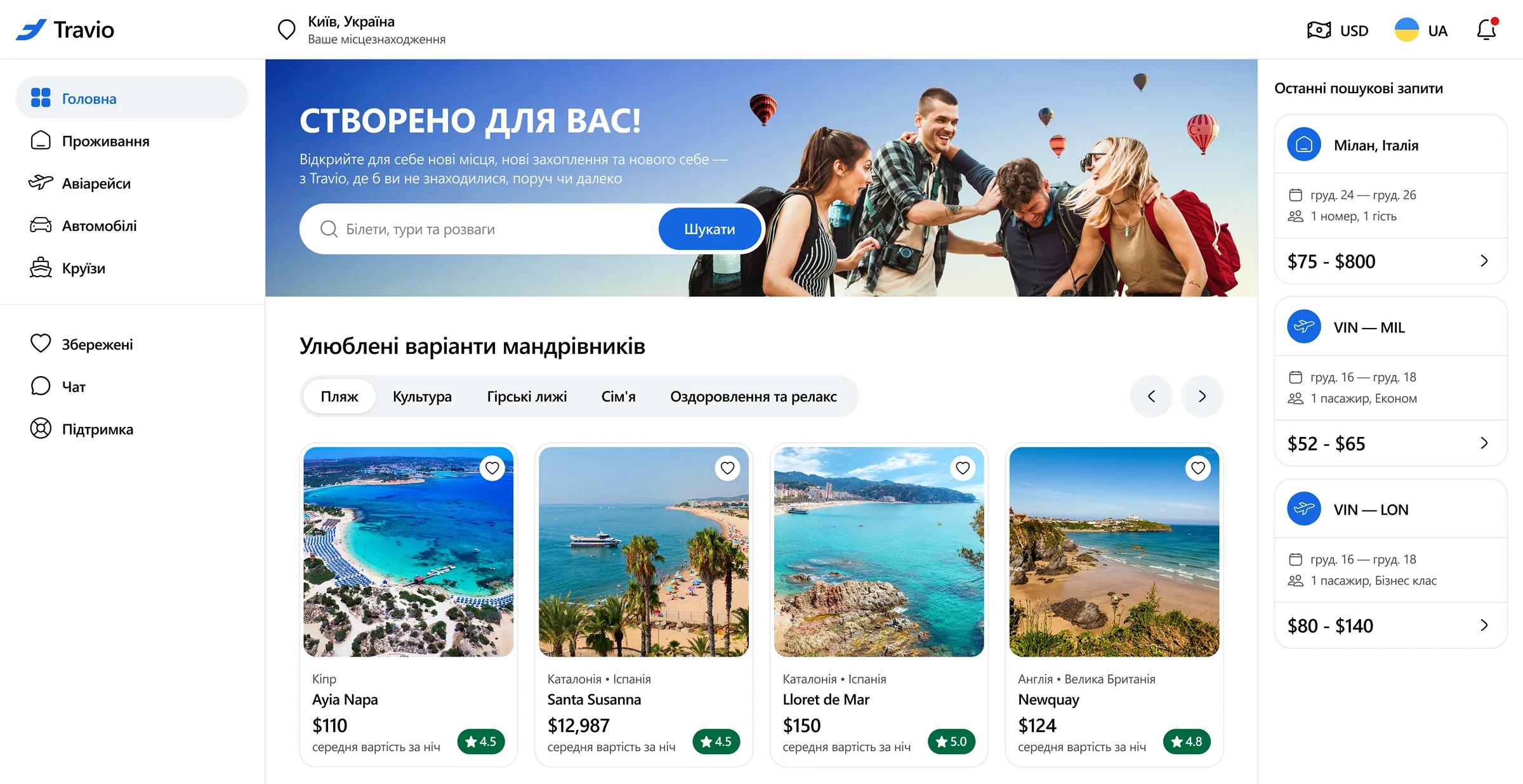 Головна сторінка. Секція з улюбленими турами.