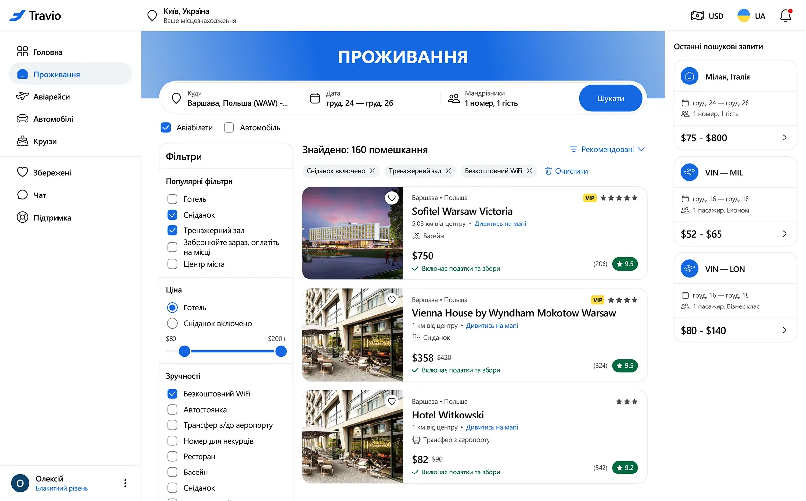 Проживання. Вибір готелів зі списку. Блок з фільтрами