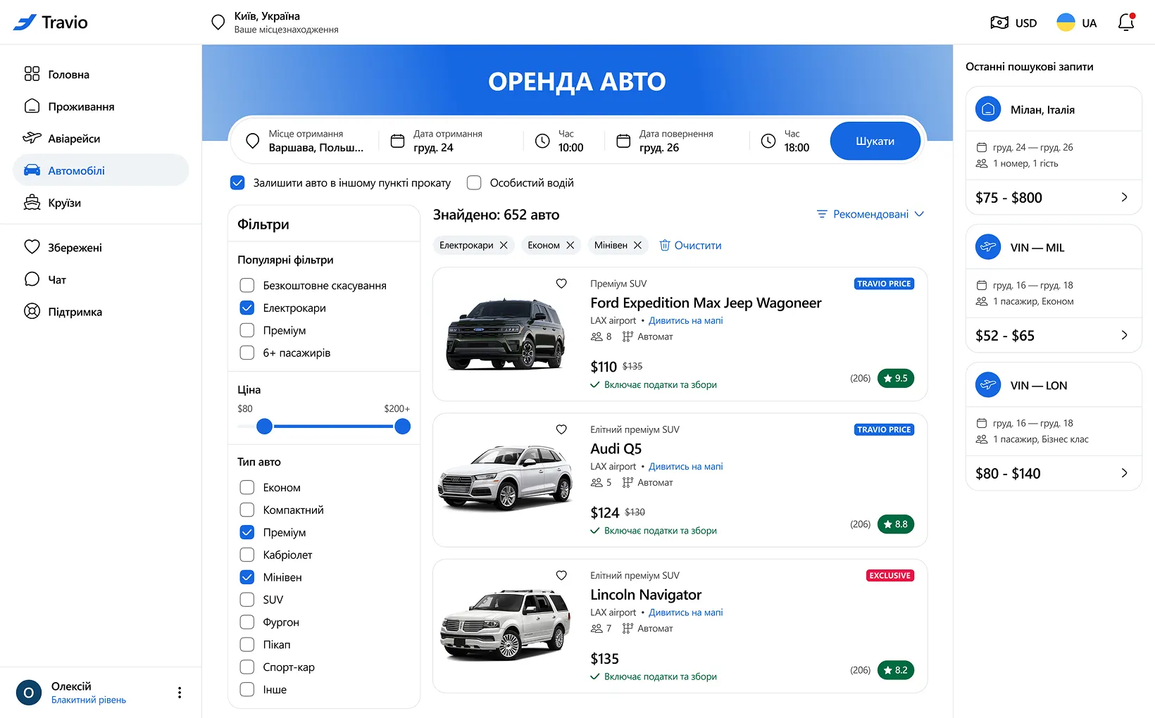 Оренда авто. Список авто доступних для оренди. Блок з фільтрами